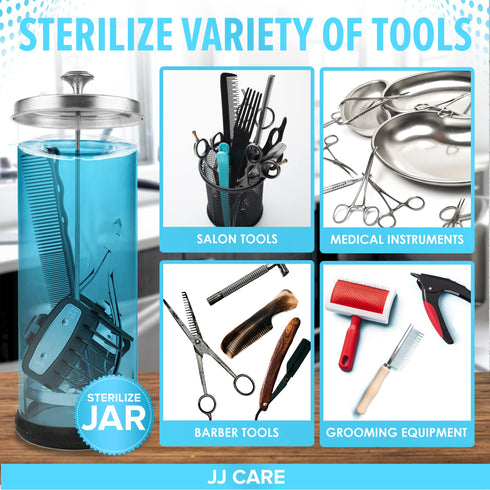 JJ CARE Disinfectant Jar (35oz) - Barber Jar Glass, Sanitizer Disinfectant Glass Jar, Barber Disinfectant Jar, Implement Disinfectant Container w/Stainless Steel Removable Strainer & Cap - Silver Lid